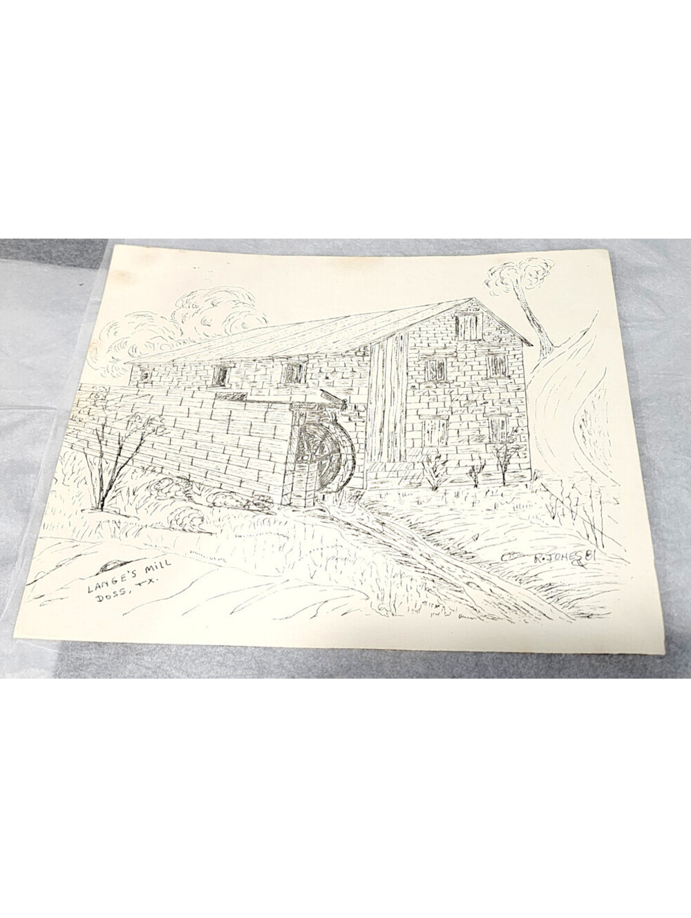 Vintage Langes Mill Doss TX Pen Ink Drawing Art Signed R Jones 81 Texas